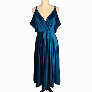 ASOS Dress US 8 Tall Pleated Velvet Off The Shoulder V Neck Teal Cowl Back Midi